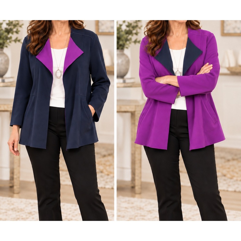 NEW Chico's Travelers Reversible Jacket Purple Navy Size 3 16 / 18